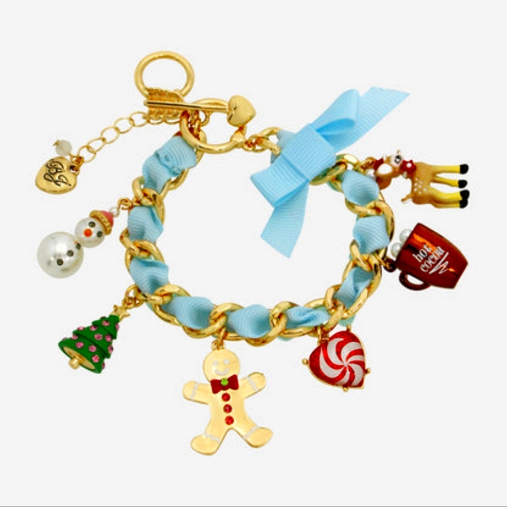 Betsey Johnson Gold Tone Blue Holiday Winter Charm Bracelet Snowman Deer Cocoa